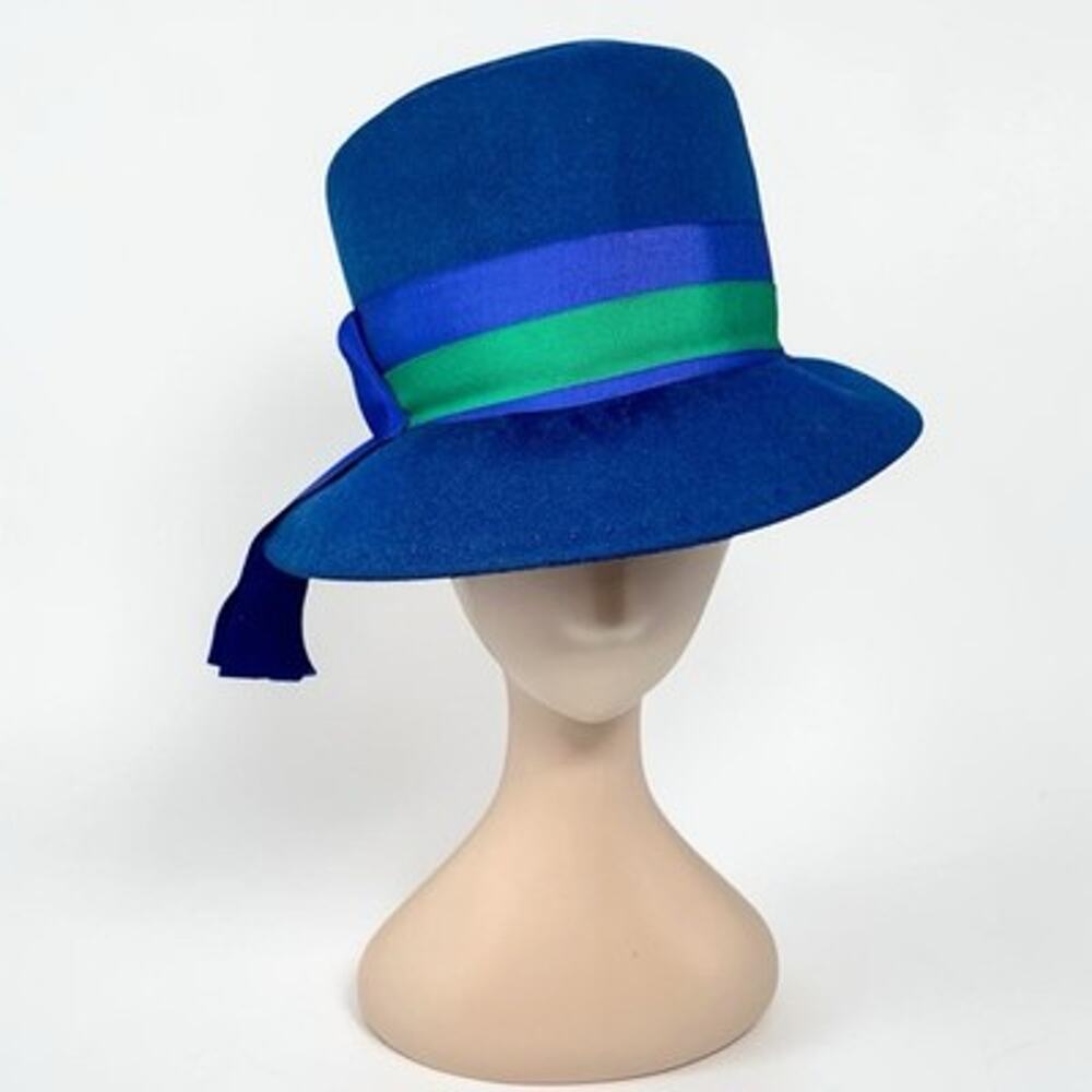 Vintage 1960s Blue Wool Felt Wide Brim Hat Henry Pollak Green Mod